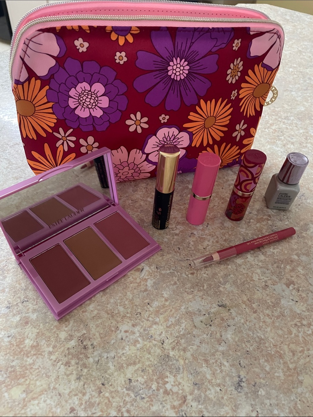 Estee Lauder Floral Pink & Purple Makeup Set with Lipsticks and Blush Palette